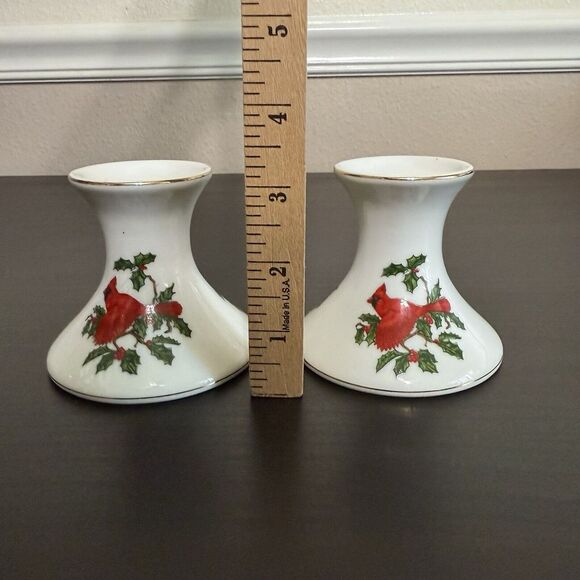(2) Vintage Lefton Porcelain Winter Candleholders Cardinals & Holly Numbered - Picture 2 of 16